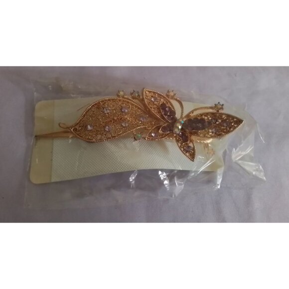 Vintage Gold-Tone Butterfly Hair Clip Barrette With Rhinestones - Picture 2 of 4